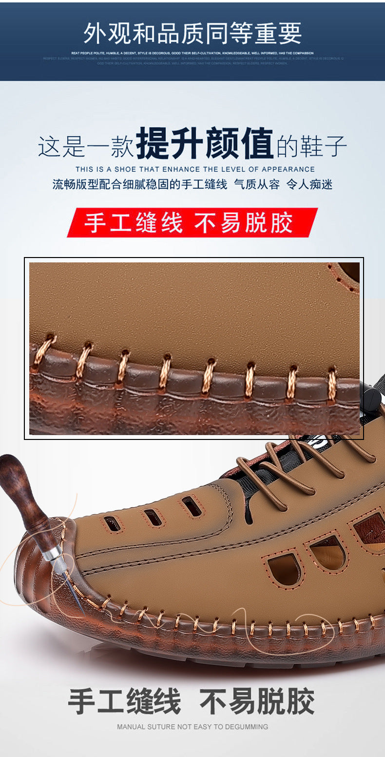 Men's Soft Leather 2024 Summer Men Leather Sandals Breathable Non-slip Cow Tendon Sole Casual Leather Shoes Outdoor Beach Shoes