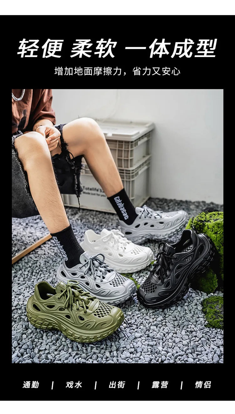 Sandals for Men Outdoor Non-slip Tire Sole Hole Shoes Hollow Breathable Men's Sandals Beach Lightweight Platform Sneakers Men