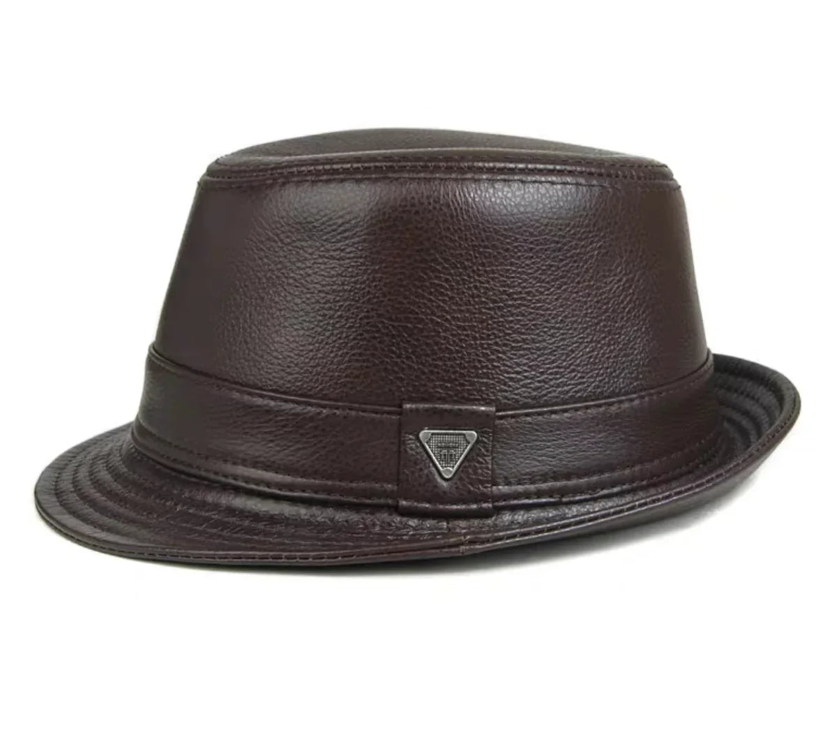 New 2023 Man High Quality Genuine Leather Jazz Fedora Gentleman CowSkin Short Brim Black/Brown Fitted Top Hat Male Shows