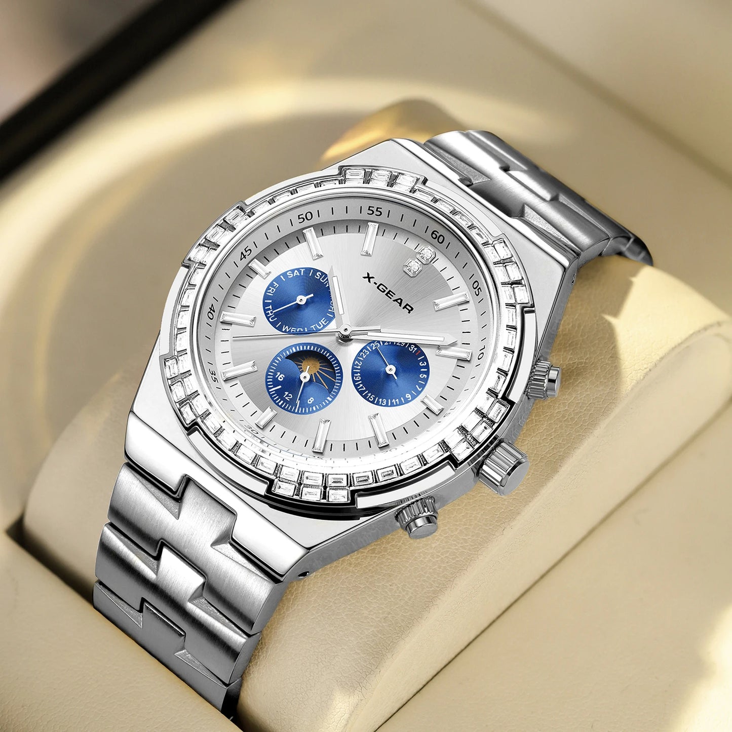 X-GEAR Men's Multifunctional Mechanical Watch with Stainless Steel Strap Calendar Feature Waterproof Night Light