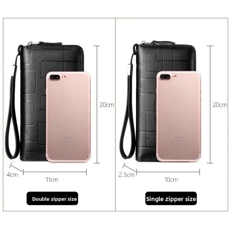 Men's Leather Long Wallet Double Zipper Clutch Purse with Wrist Strap Geometric Pattern Card Holder Organizer for Business
