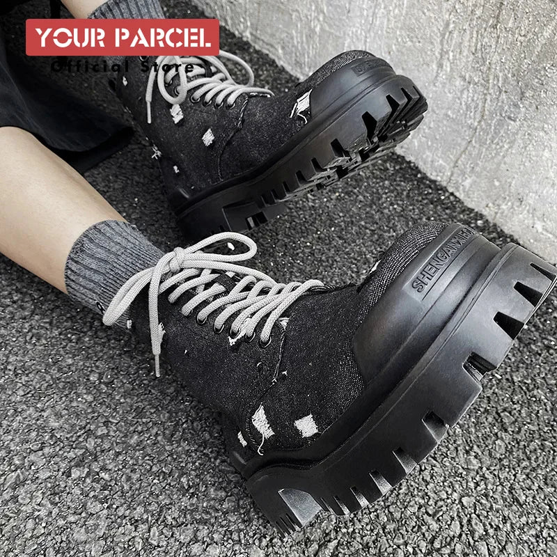 Mating boots for men new design black washed denim canvas short boots distressed style thick soled shoes Street Style
