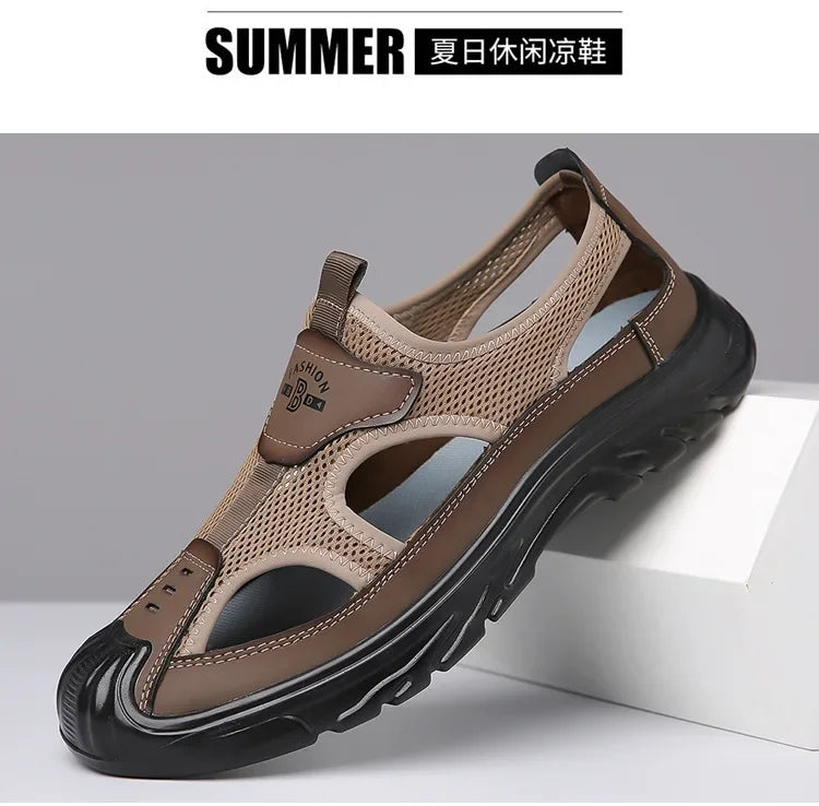 2025 Summer Beach Sandals for Men New Hollow Men's Sandals Outdoor Breathable Mens Bag Head Mesh Casual Shoes Zapatillas Hombre