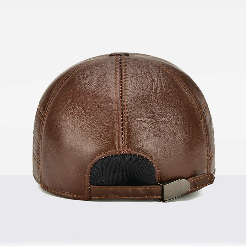 2025 New Style Men Cowhide Hat Winter Warm Outdoor Protect Ear Real Leather Adjustable Baseball Cap Men Real Cowhide Leather Cap