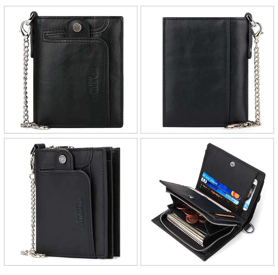 Real Leather Wallet for Men RFID Blocking Credit Card Holder Purse Male Short Bifold Zipper Coin Pocket with Anti-Theft Chain
