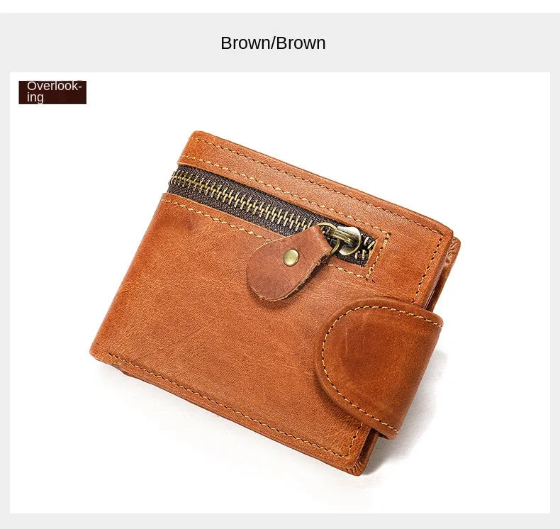 Men's Crazy Horse Leather Short Wallet Genuine Leather Buckle Wallet Vintage Top Layer Cowhide Card Holder Multi-Card  Wallet