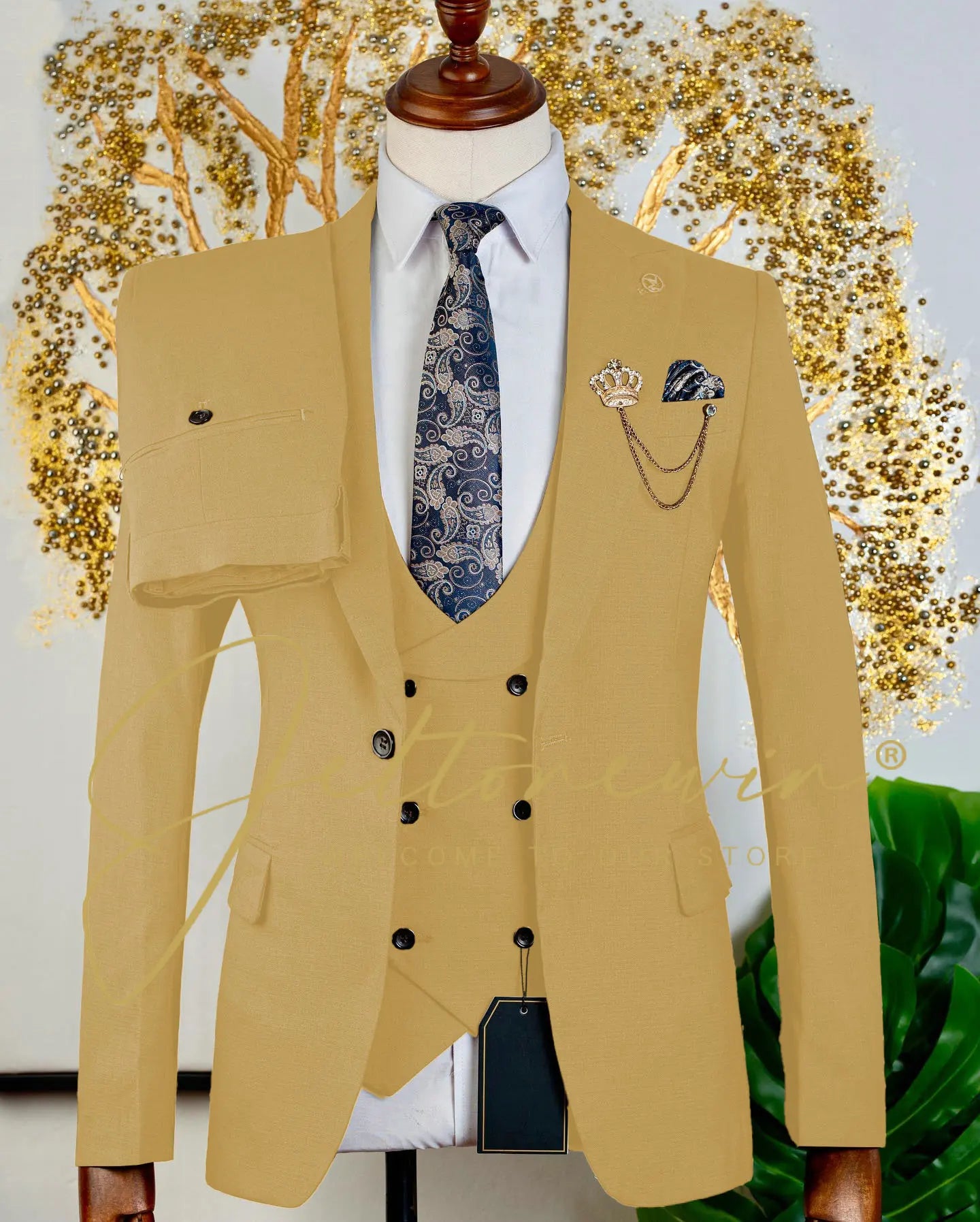 Men's Brown Three Piece Suit with Vest and Trousers Slim Fit Formal Wear for Wedding Groomsmen Party Business Occasion