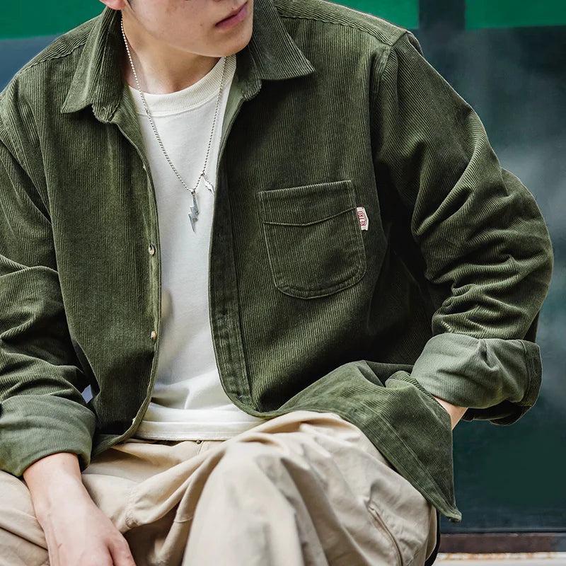 Maden Men's Shirt Casual Corduroy Long Sleeve Shirts Slim Fit Overcoat Spring Fleece Jacket Men's Clothing Retro Fashion Blouses