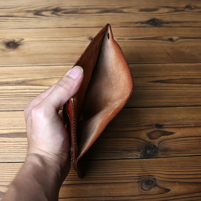 Retro Handmade Leather Wallet for Ladies Top Layer Cowhide Men's Short Wallet Wiping Color Buckle Bag Vertical Credit Card Bag