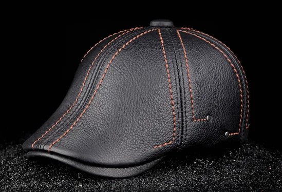 New Cowhide Genuine Leather Men Berets Cap Hat High Quality Fashion Men's Real Leather Adult Striped Black Hats