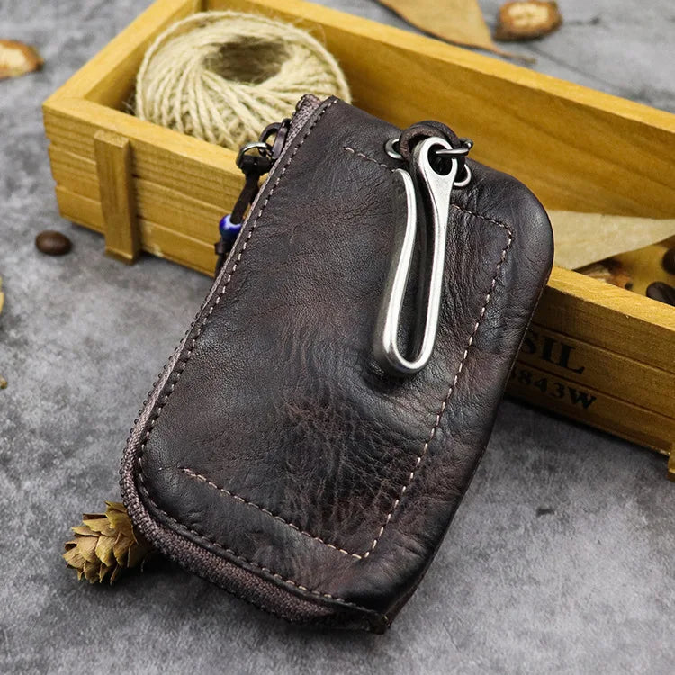 Natural Leather Key Wallet for Men Short Zipper Car Key Holder Real Leather Coin Purse Card Case Bag Keys Organizer Housekeeper