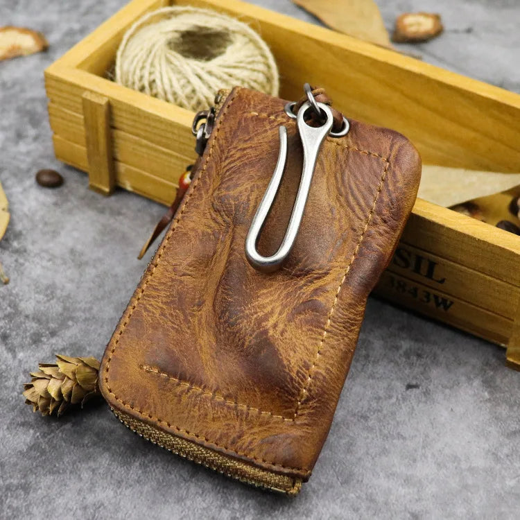 Natural Leather Key Wallet for Men Short Zipper Car Key Holder Real Leather Coin Purse Card Case Bag Keys Organizer Housekeeper