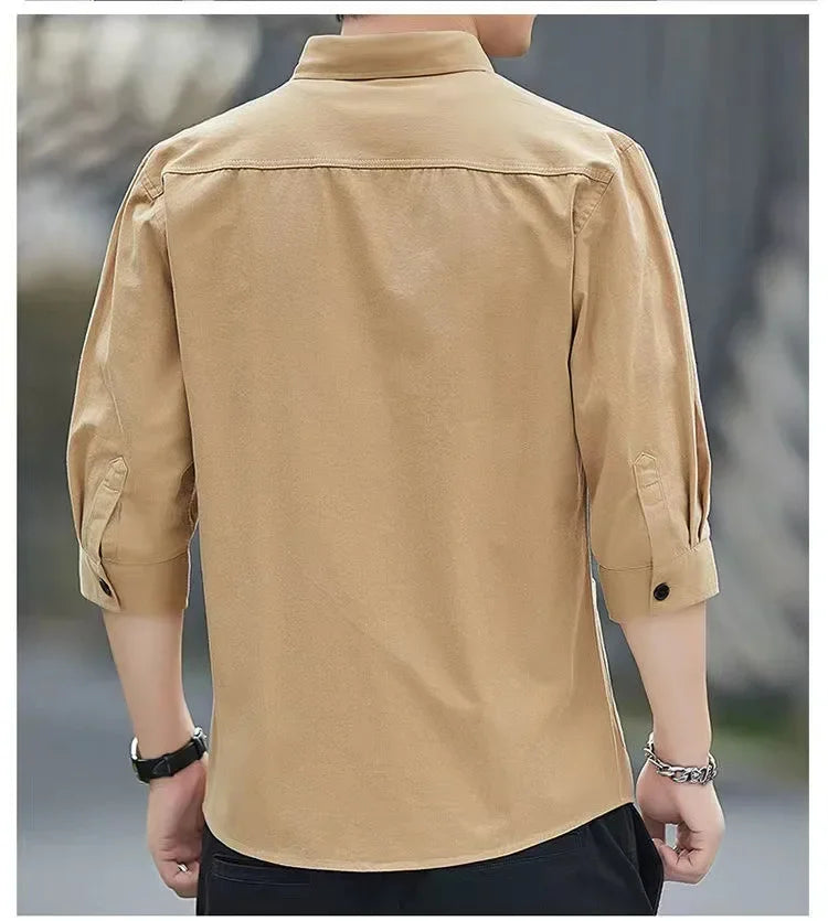 Men shirts Summer Men's clothing Short-Sleeved shirts & blouses Daily Solid Color Stand-Up Collar Casual Beach Style Male Shirt