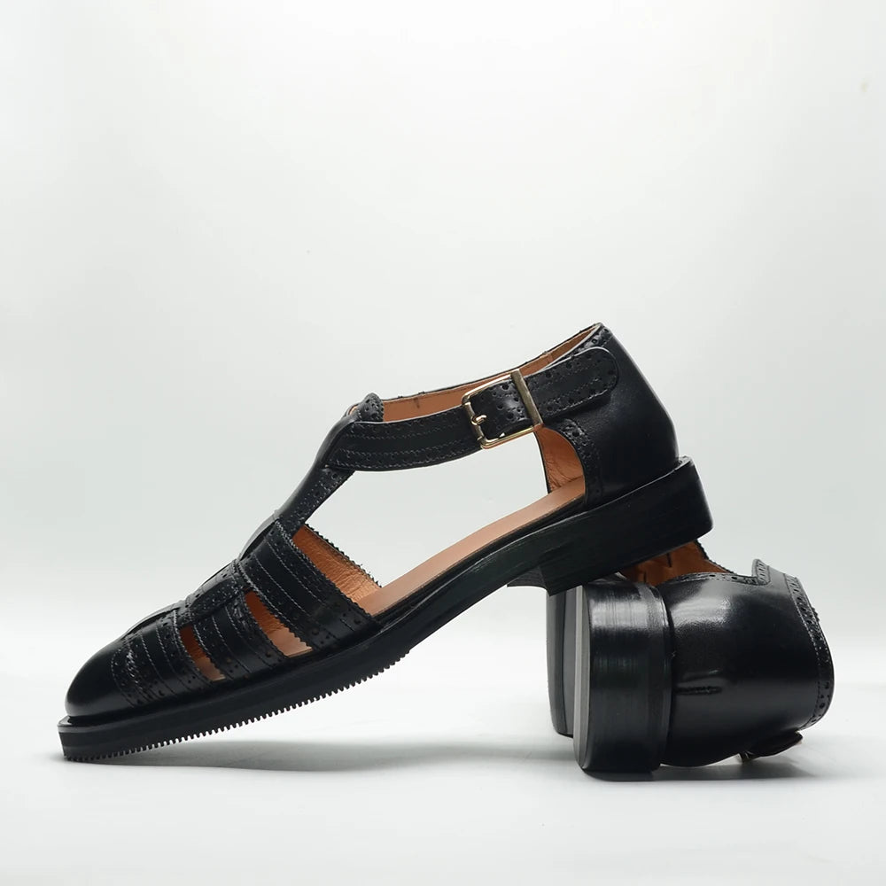 Luxury Designer Men's Summer Sandals Genuine Leather Brogue Carving Man Shoes Formal Events Social Buckle Strap Men Slippers