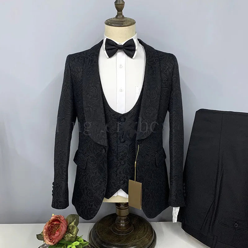 Hot Selling Men Suits Pattern and Black Groom Tuxedos Shawl Satin Lapel Groomsmen Wedding Best Man ( Jacket+Pants+Vest+Tie) C691
