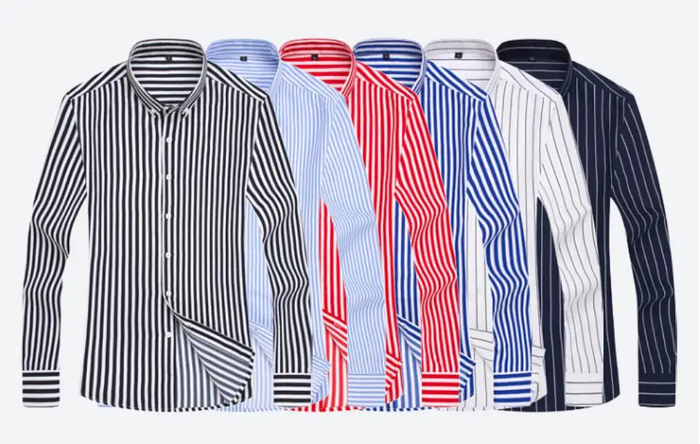 Men's Classic Striped Shirt, Single-breasted Long-sleeved Shirts Autumn New Men Top Red Blue Black Slim Version Male Chemise