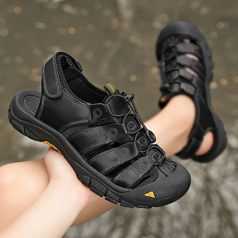 Men's Sport Sandals Outdoor Hiking Sandals Closed Toe Leather Fashion All-match Light Trail Walking Casual Sandals Water Shoes