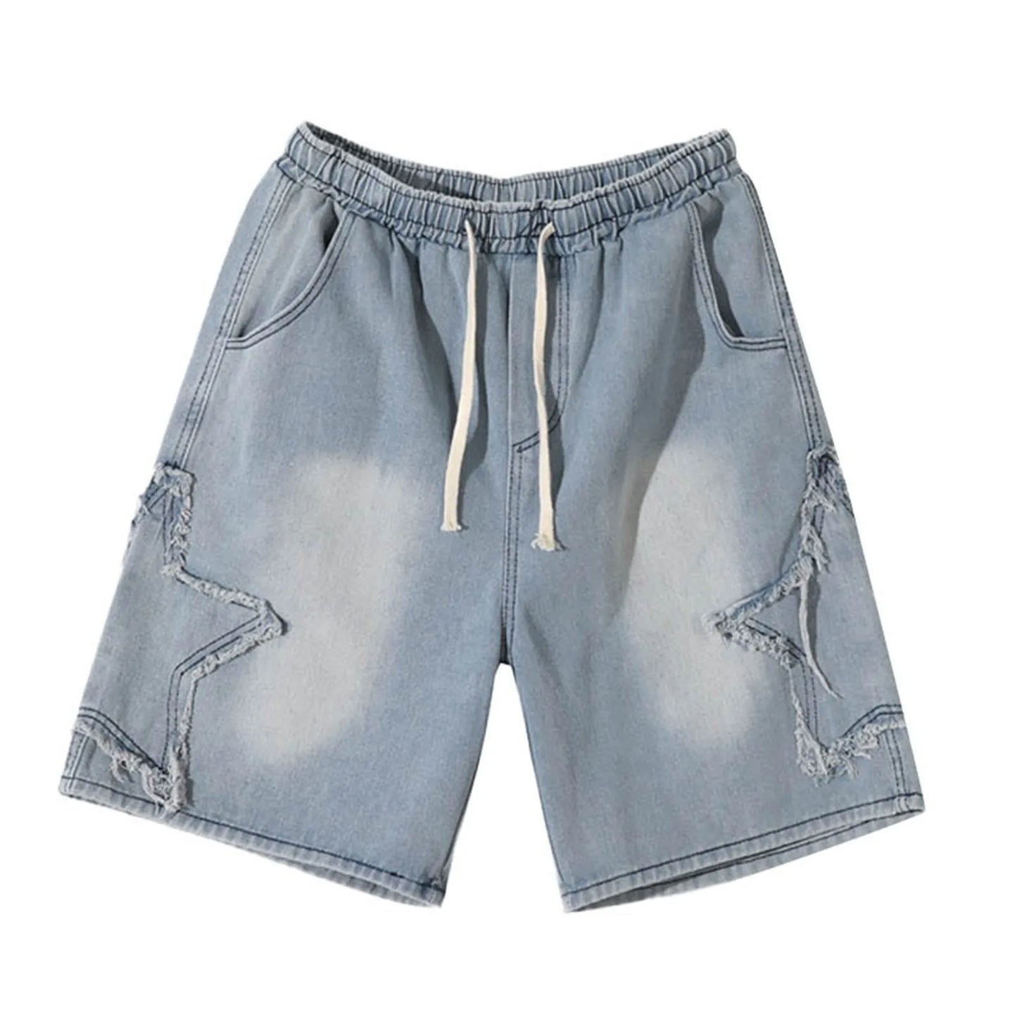 Fashion Denim Shorts For Men Summer Comfortable High Waist Drawstring Short Pants Men’s Streetwear Star Loose Casual Shorts
