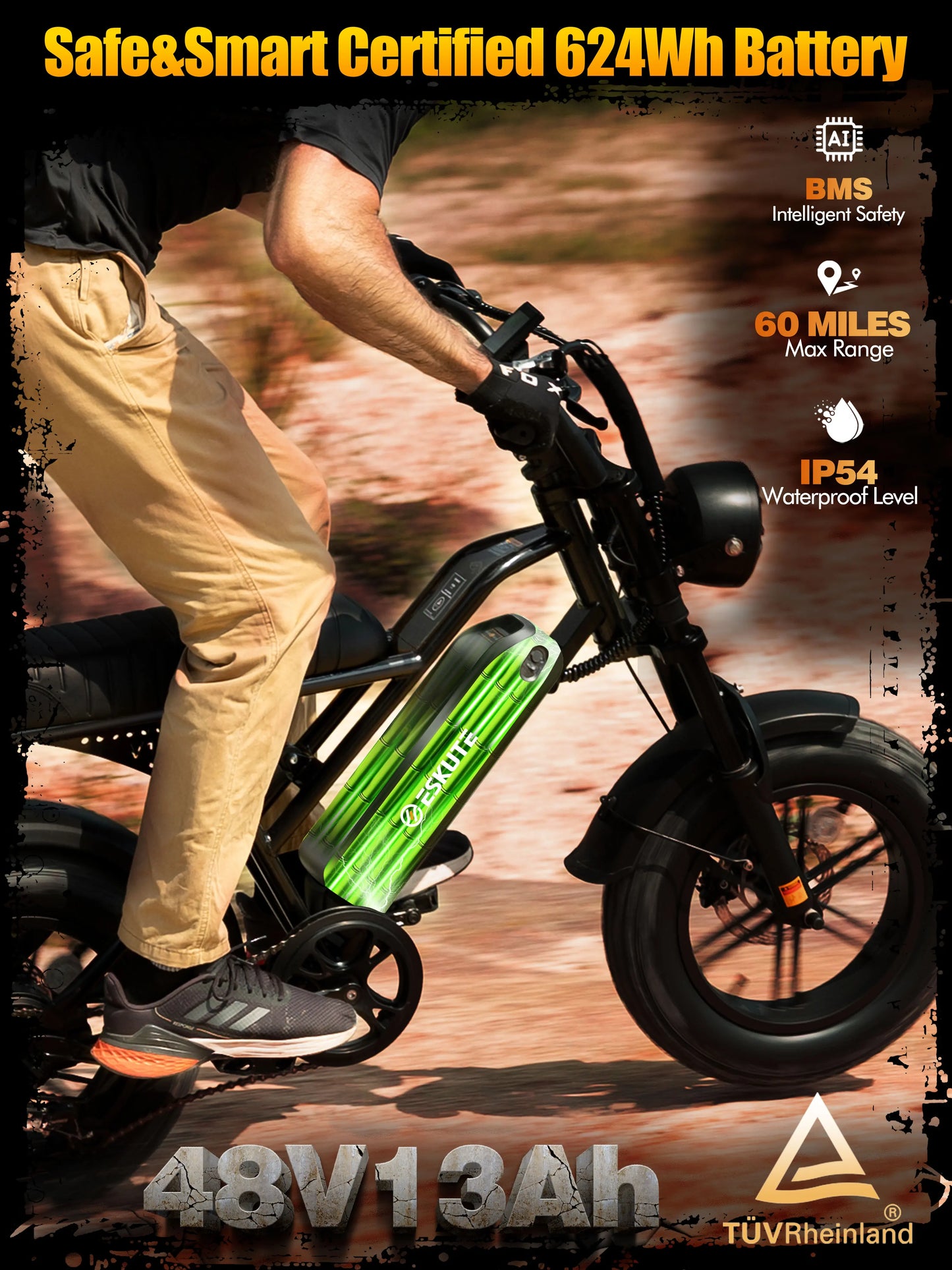 Eskute V100 Electric Bike, 1500W Peak 28MPH 48V13Ah Motorcycle, 16"x4" Fat Tire 7-Speed Dual Suspension E-Bike, 1 Year Warranty