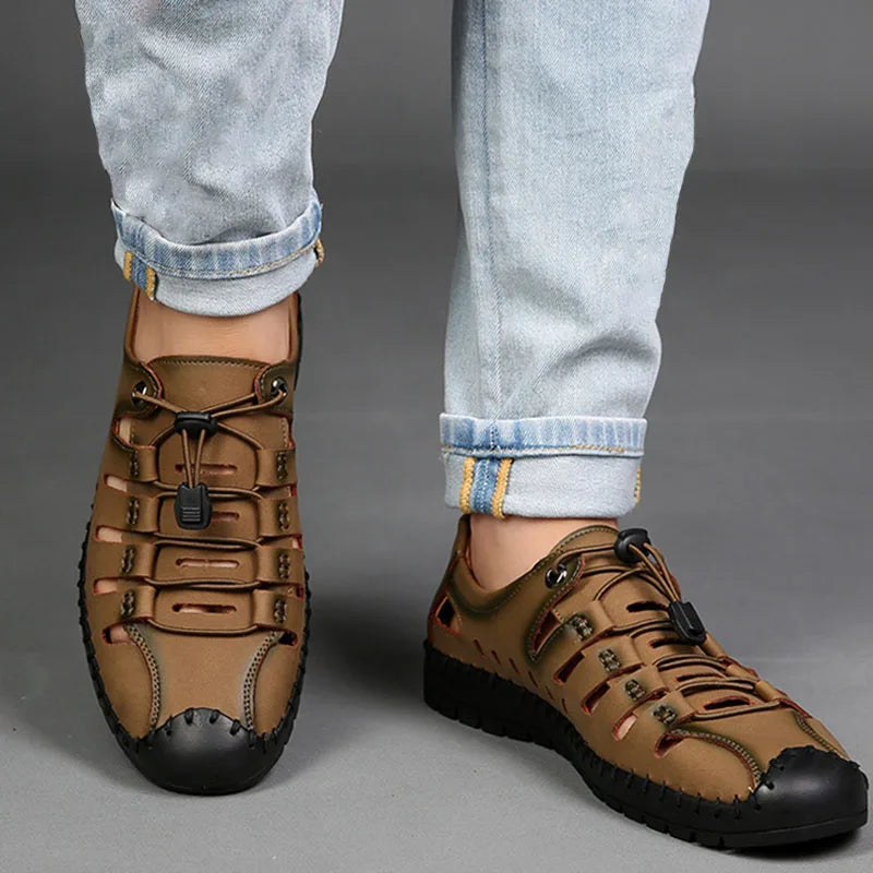 New 2025 Summer Shoes Men Sandals Genuine Leather Flat Non-slip Holiday Fashion Male Footwear Black Yellow D326