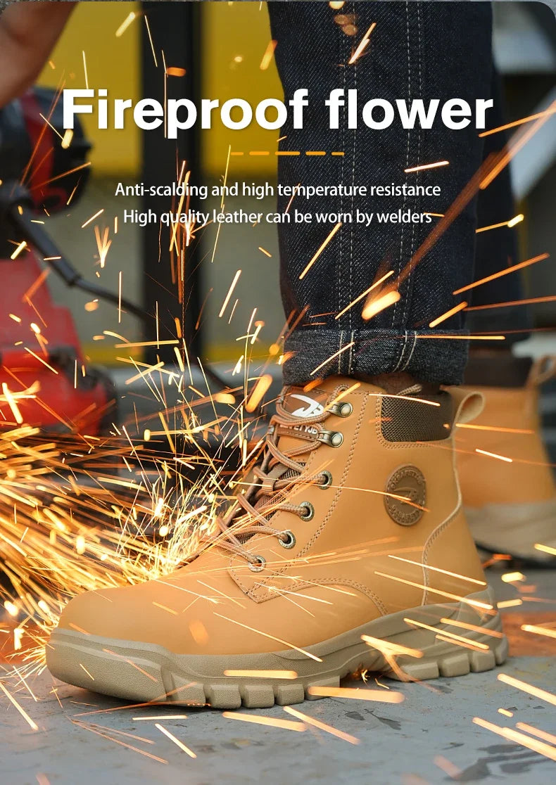 Work Safety Boots for Men, Anti-smash Steel Toe Shoes, Puncture-proof, Indestructible, Waterproof Sneakers Brown Boots