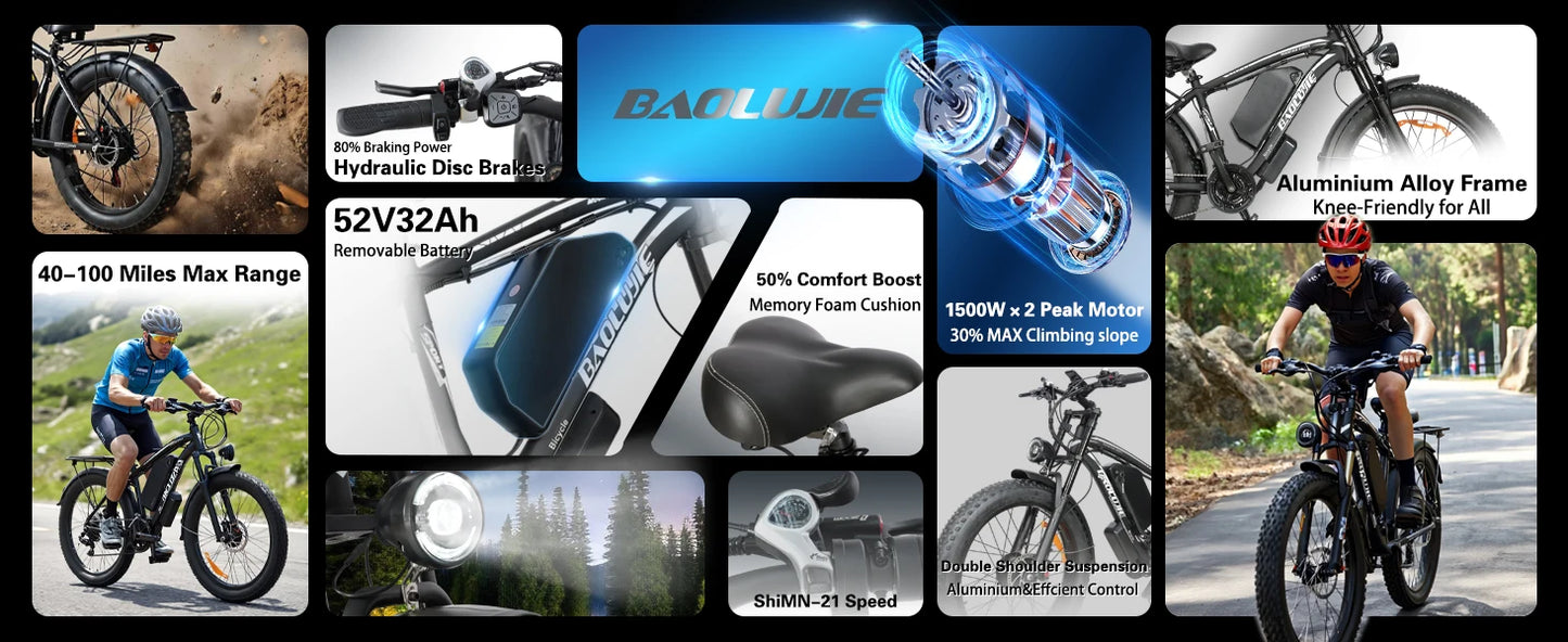 BAOLUJIE Peak 3000W/5000W Dual Motor Electric Bicycle  E-Bike for Adults，Electric Motorcycle 48V/52V Battery，Max Speed 38 MPH