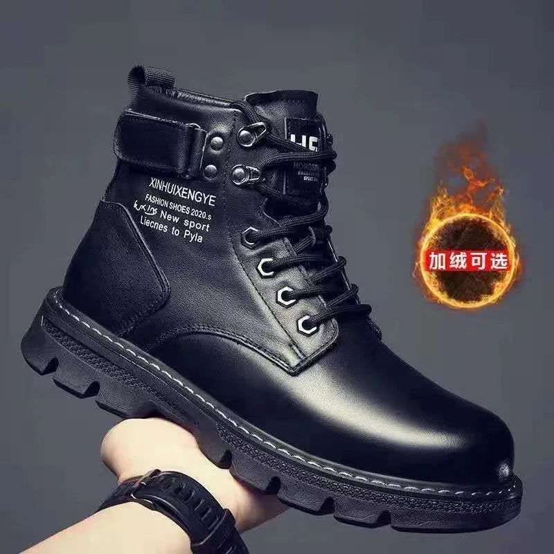 Winter Men's High Top Boots Trendy Black Motorcycle Boots Outdoor Warm Platform Boots Men Lace-up Leather Boots Bota Masculina