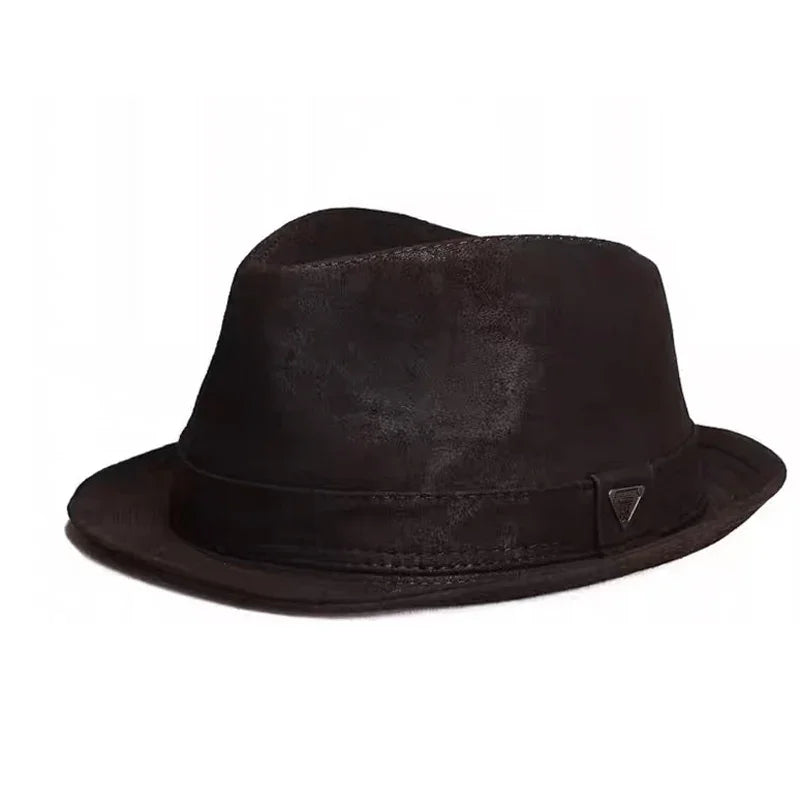 New Man High Quality Genuine Leather Cowhide Formal hat Gentleman Cow Skin Short Brim Black/Brown Top Hat Male Shows Gentleman