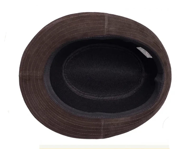 Male High Quality Genuine Leather Formal Hat Jazz Gentleman Goat Skin Suede Short Brim Brown Top Fedoras Embroidery
