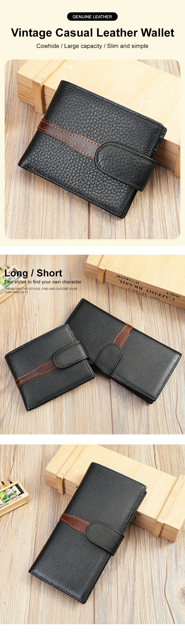 Business Leather Wallet for ID Porte Cartes Card Case Paper Money Photo Ticket Slots Passport Cover Snap Long Short Male Wallet