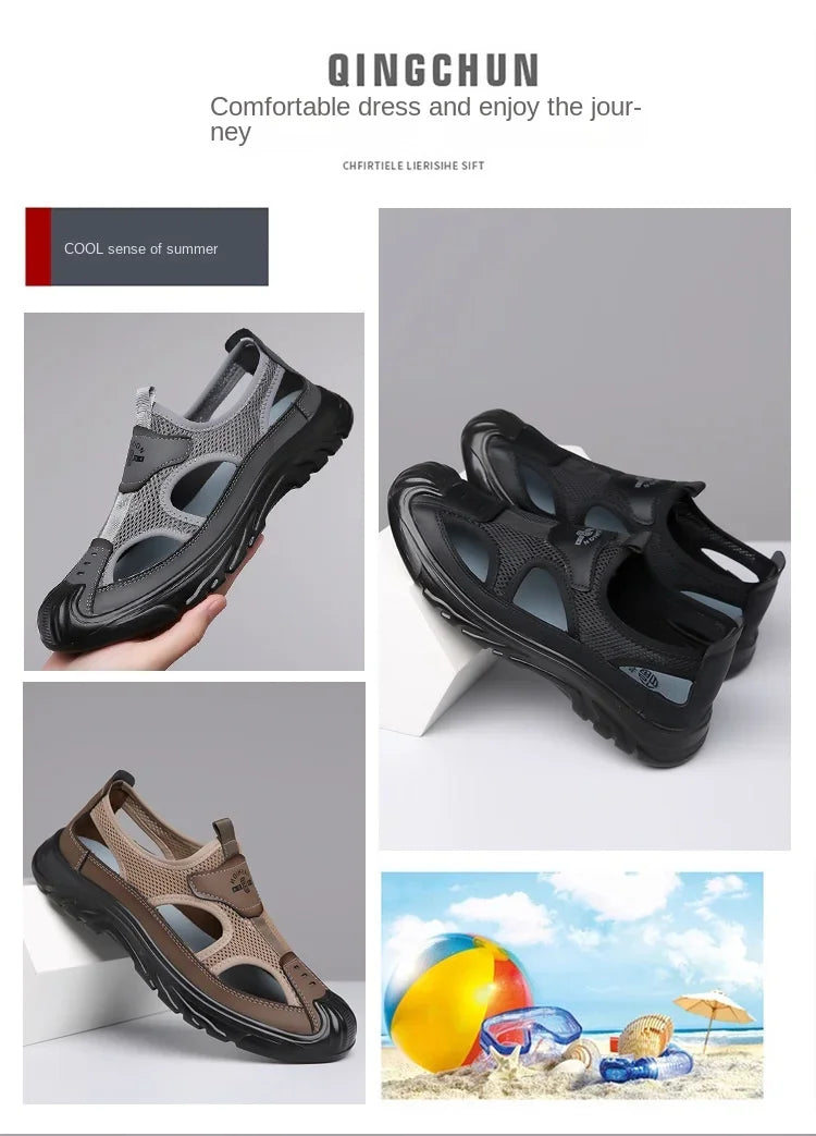 2025 Summer Beach Sandals for Men New Hollow Men's Sandals Outdoor Breathable Mens Bag Head Mesh Casual Shoes Zapatillas Hombre