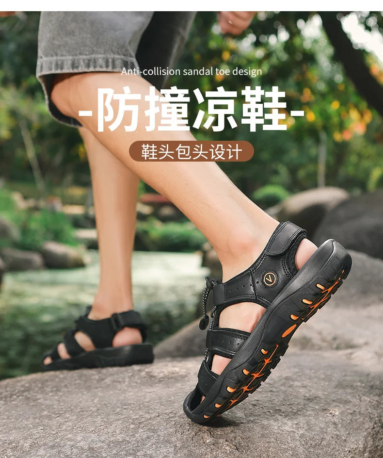 2025 Summer Men Sandals Leather Mens Casual Shoes Breathable Outdoor Sandals for Men Beach Shoes Slippers Fashion Roman Shoes
