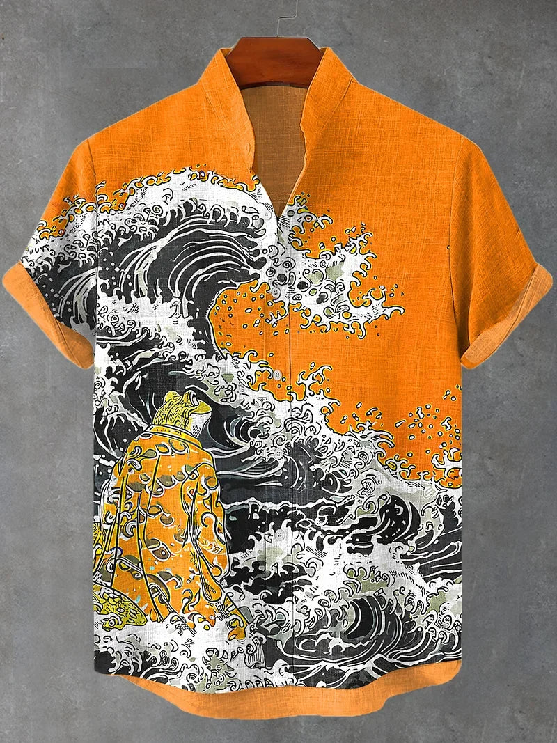 New retro and stylish linen short sleeved shirt, men's samurai armor, plum blossom printed casual top