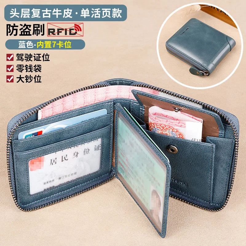 Fashion Genuine Leather Wallet For Men Zipper Complete Closure Wallet Driving License Credit Card Holder Coin Bag Men's Wallet