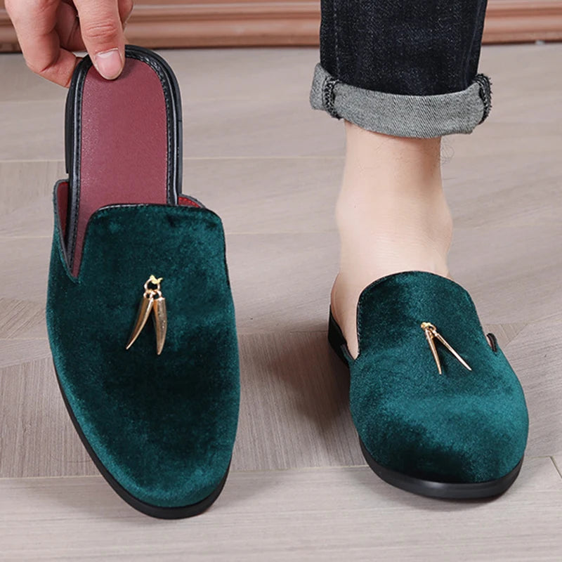 2025 New Male Casual Mules Moccasins Breathable Loafers Men's Tassels Half Slippers Suede Leather Shoes Zapatos Hombre