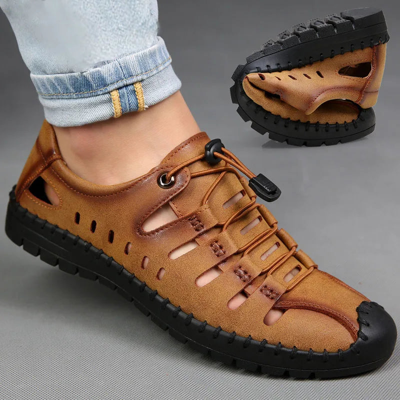 New 2025 Summer Shoes Men Sandals Genuine Leather Flat Non-slip Holiday Fashion Male Footwear Black Yellow D326