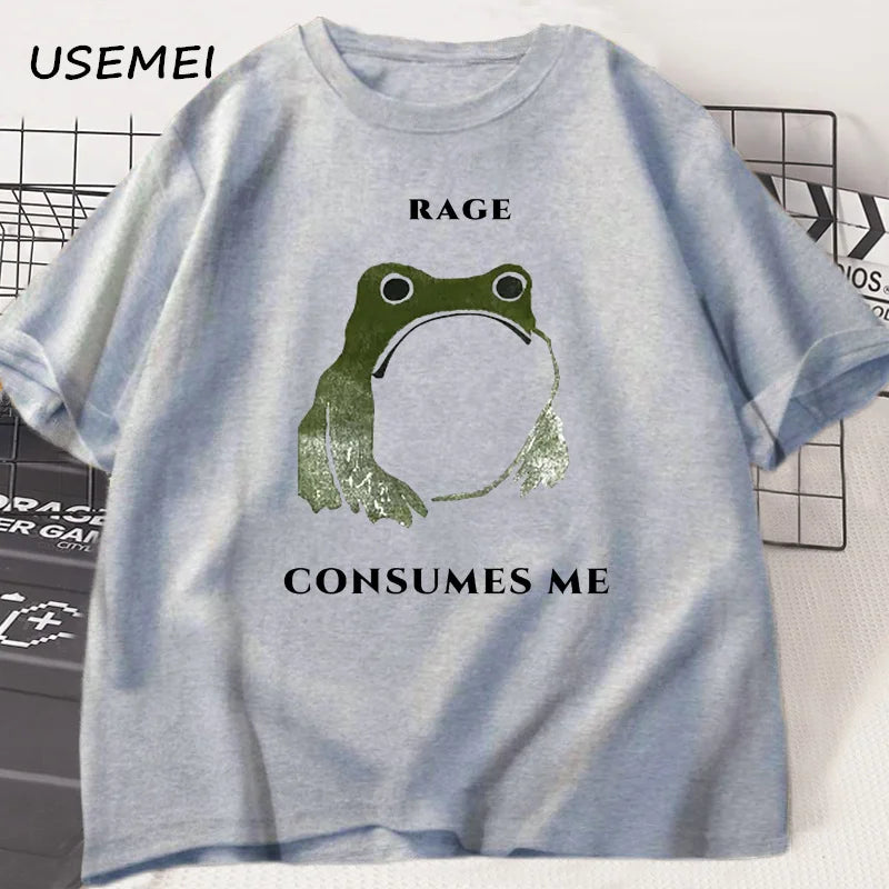 Men's T Shirts Funny Rage Consumes Me Frog Graphic T Shirts Vintage Cotton Short Sleeve Printed T-shirt Mens Clothes Streetwear