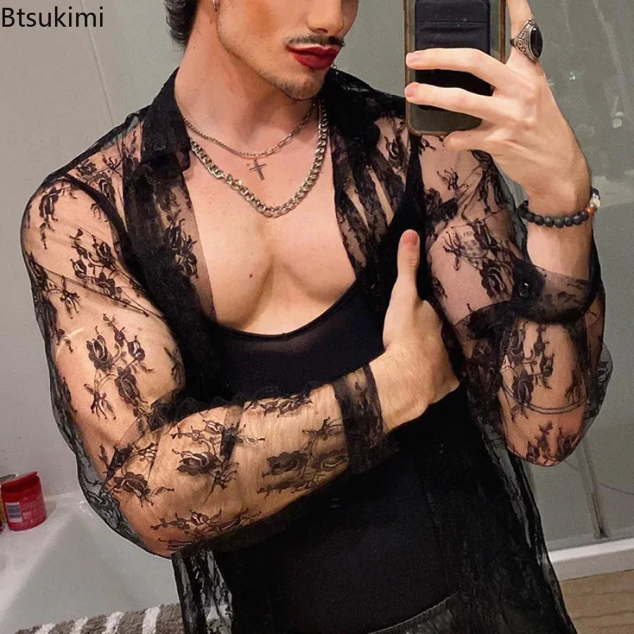 New 2025 Men's Casual Long Sleeve Shirts Black See-through Lace Top Shirts Slim Sexy Club Party Men's Sexy Shirt Hollow Out Tops
