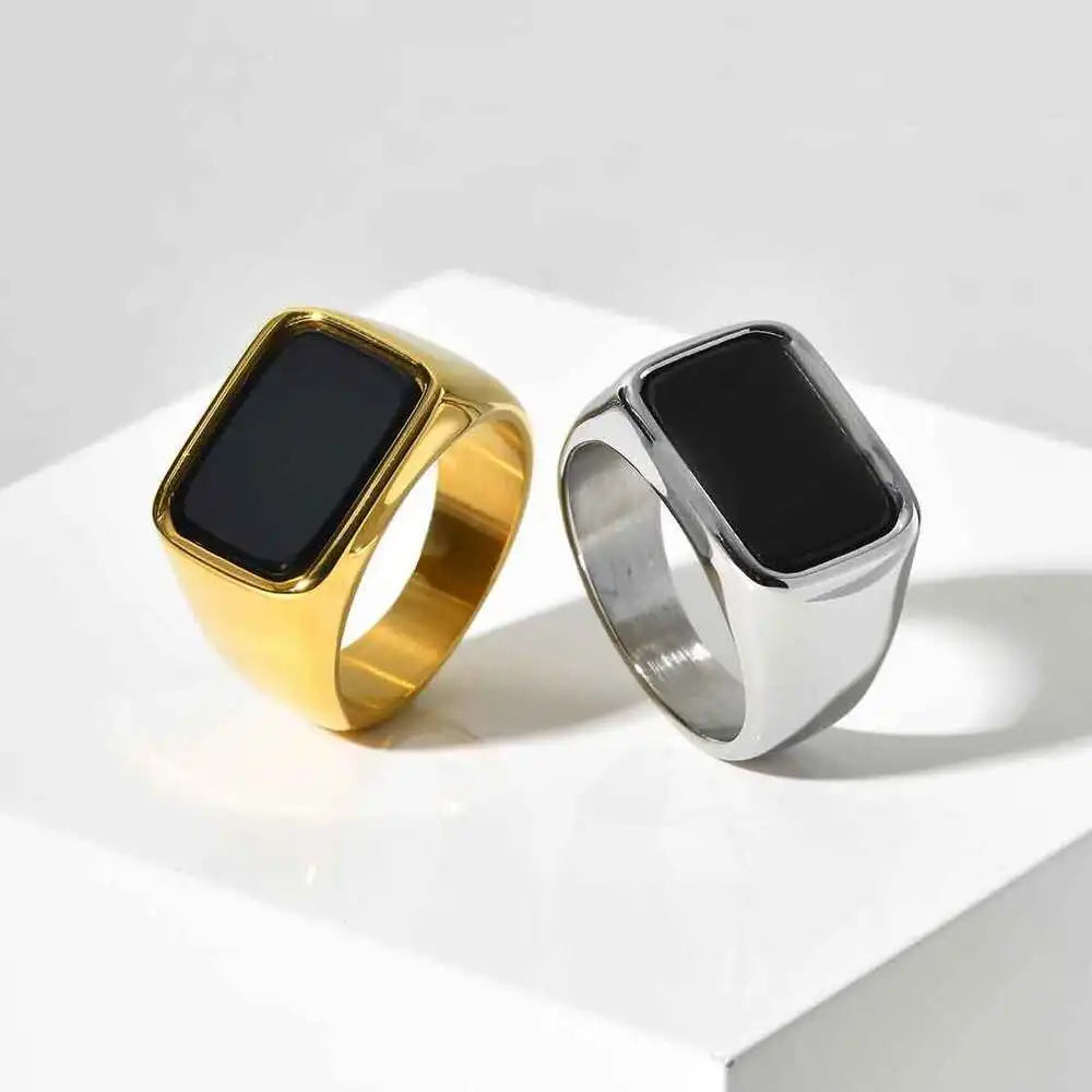 Vnox Men's Stainless Steel Geometric Glass Stone Signet Ring, 12.8mm Width Size 7-12 Waterproof Rectangle Top Ring Gift for Men‌