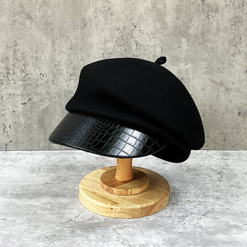 Fashion leather brim wool beret women's autumn/winter Korean style newsboy hat British knight hat duck cap Japanese system