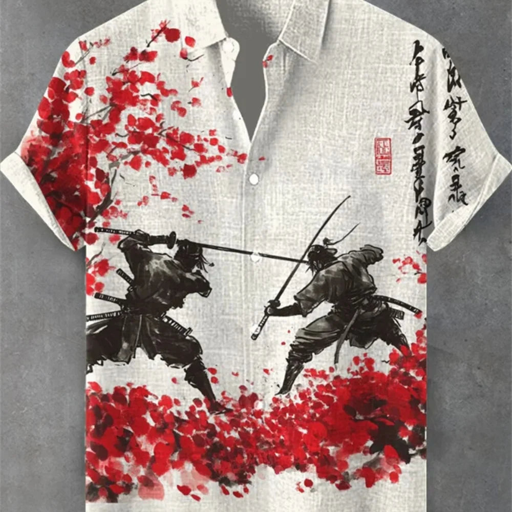 Men's Japanese Retro Art Samurai Cat Printed Linen Shirt Short Sleeve Button up Classic Lapel Design Street Casual Social Top