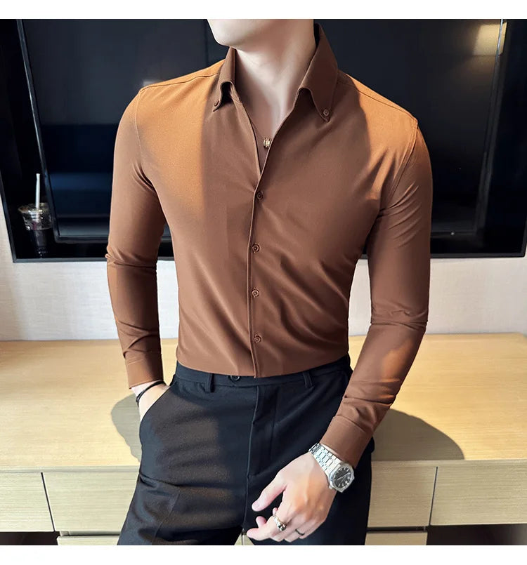 Men Dress Shirt 2025 Autumn British Style Solid Casual Slim Fit Formal Camisas V-neck Long Sleeves Shirt Streetwear Men Clothing
