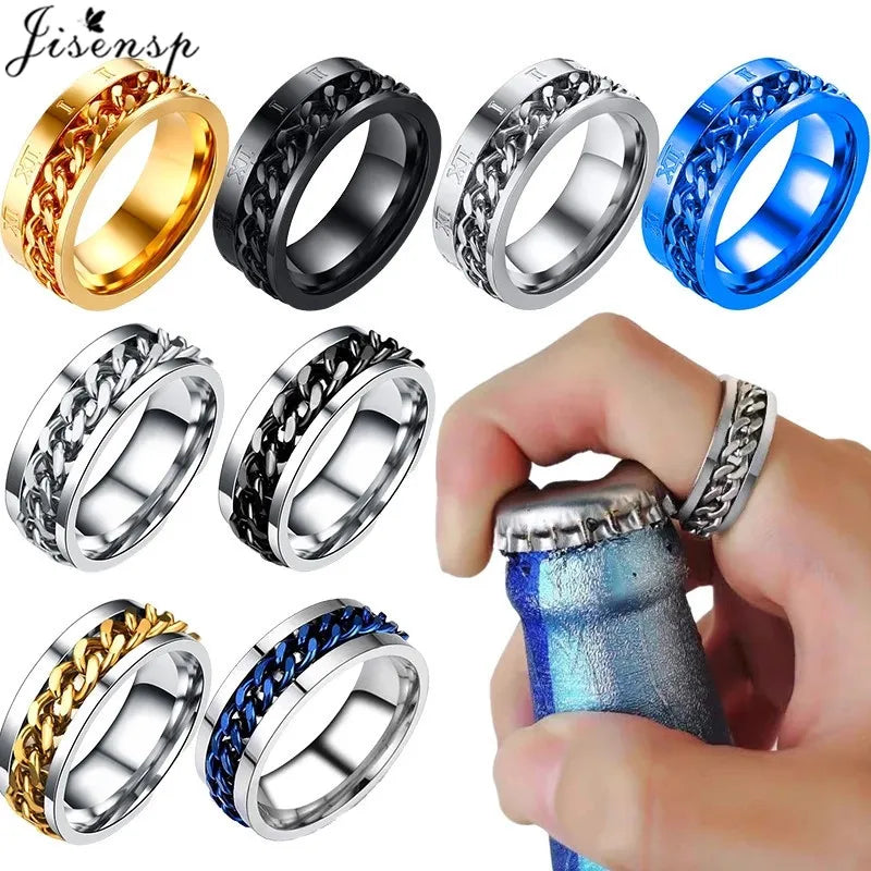 Stainless Steel Rotatable Chain Ring for Couples Jewelry Spinner Fidget Release Anxiety Ring Multifunctional Anillos De Ansiedad