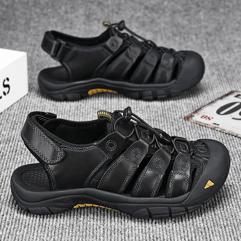 Men's Sport Sandals Outdoor Hiking Sandals Closed Toe Leather Fashion All-match Light Trail Walking Casual Sandals Water Shoes