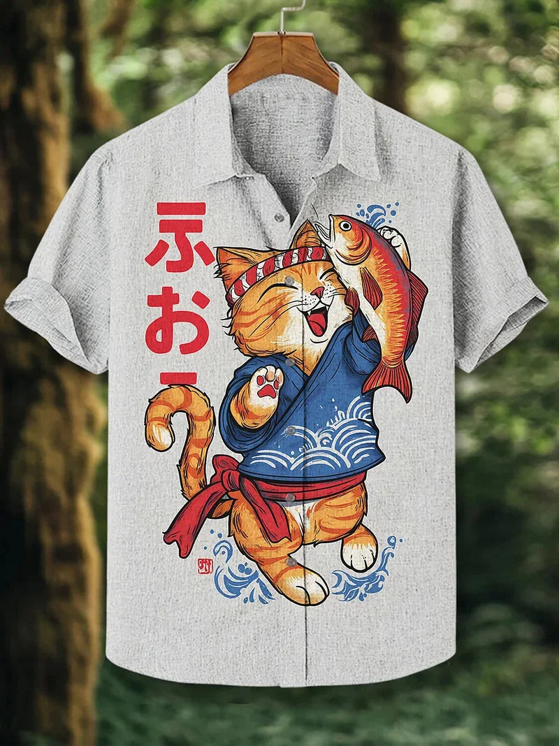 Men's Volcano Animal Pattern Linen Shirt Summer Fashion Short Sleeve Button Collar Shirt Hawaii Casual Shirt Top