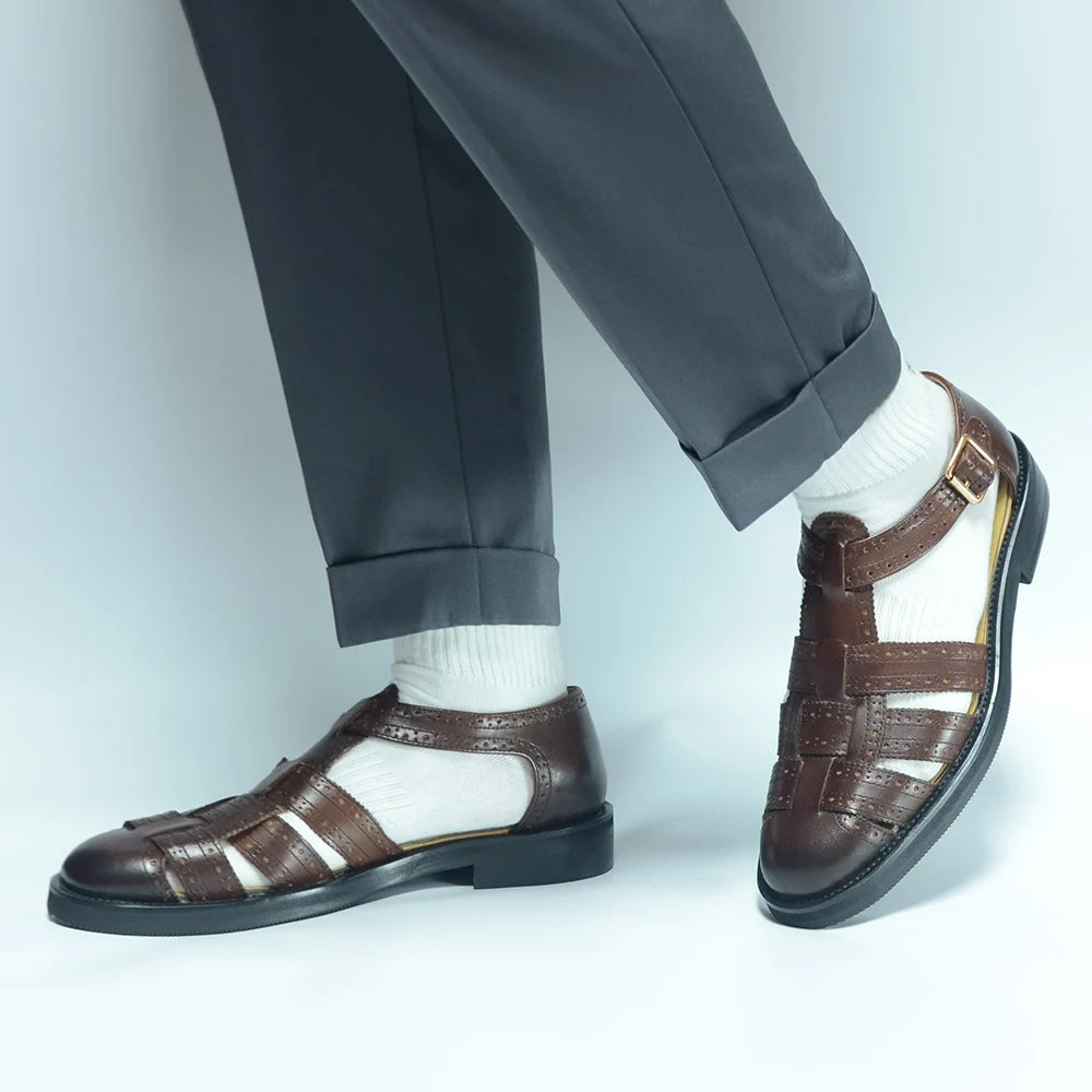 Luxury Designer Men's Summer Sandals Genuine Leather Brogue Carving Man Shoes Formal Events Social Buckle Strap Men Slippers