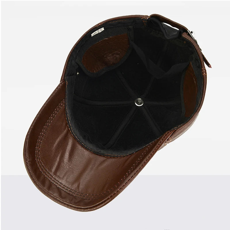 2025 New Style Men Cowhide Hat Winter Warm Outdoor Protect Ear Real Leather Adjustable Baseball Cap Men Real Cowhide Leather Cap