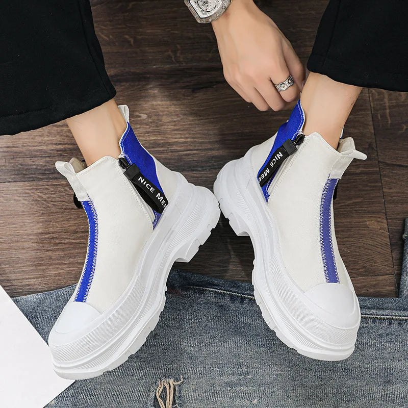 High-top Thick Soled Boots Men's Shoes for Spring Autumn Breathable Casual Chelsea Boots Men's Trend Canvass Side Zipper Sneaker