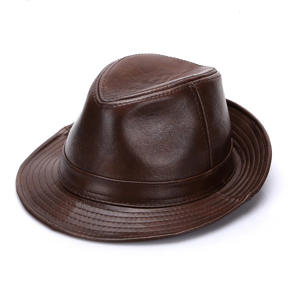 2025 Men Fashion Caps Autumn Winter Warm New Cowboy  100% Real Cowhide Leather Hats Men Real Genuine Cowhide Leather Top Hats
