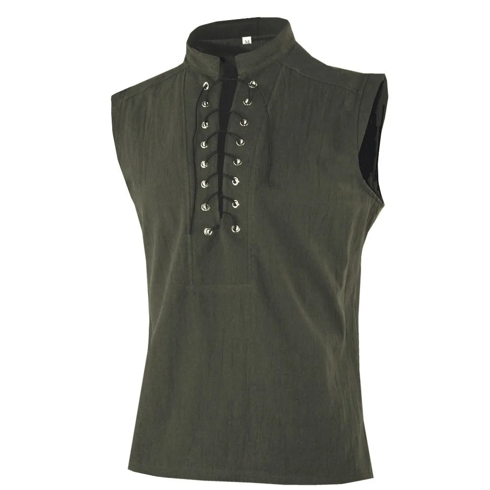 Men's Casual Shirt Black Green Steampunk Gothic Tank Tops Medieval Shirt Lace-Up Sleeveless Renaissance Pirate Shirts for Men